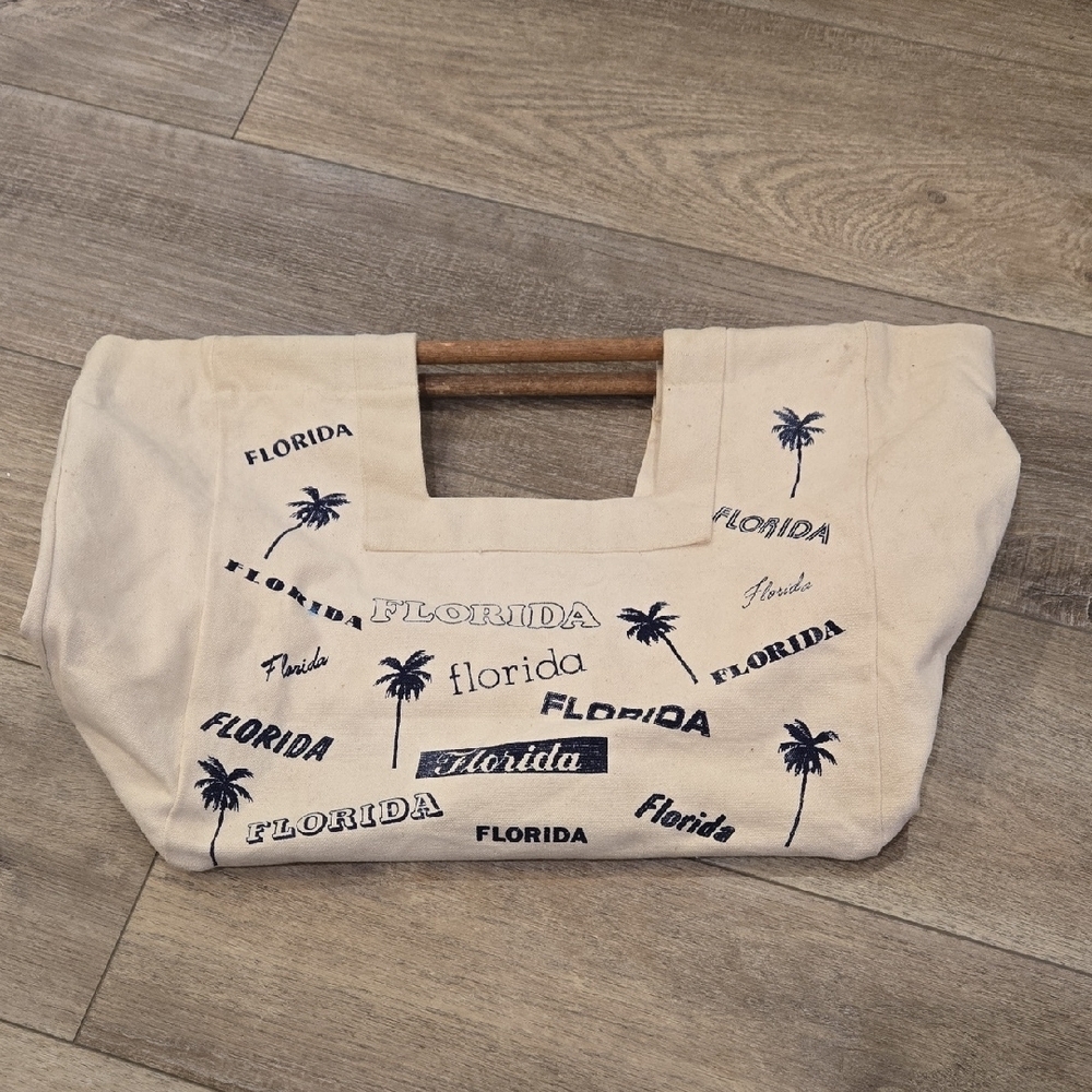 Vintage 80's Florida Canvas Tote Bag with Wooden Handles